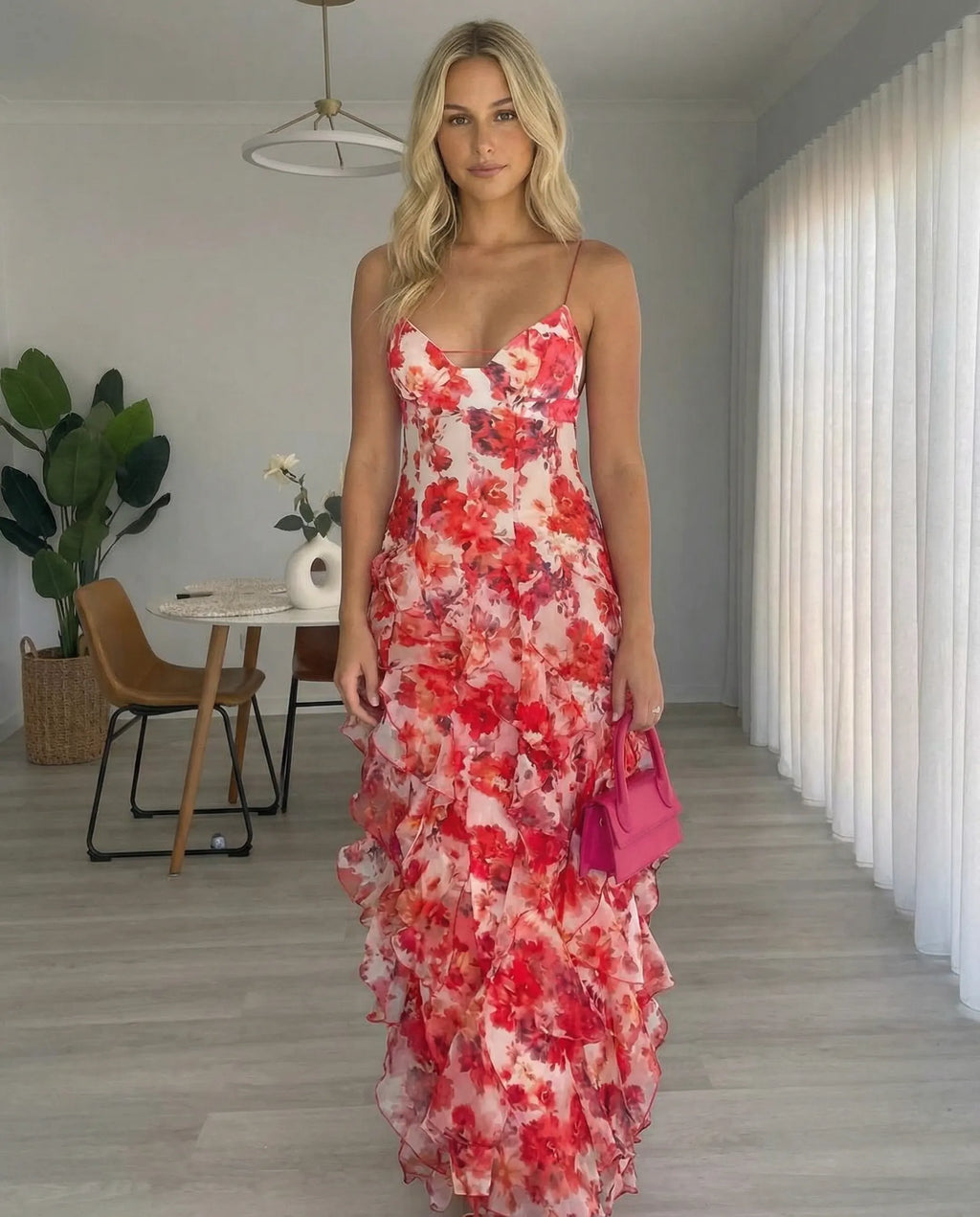 Floral Print Ruffle High Slit Mini Dress - Red Flowering Girl