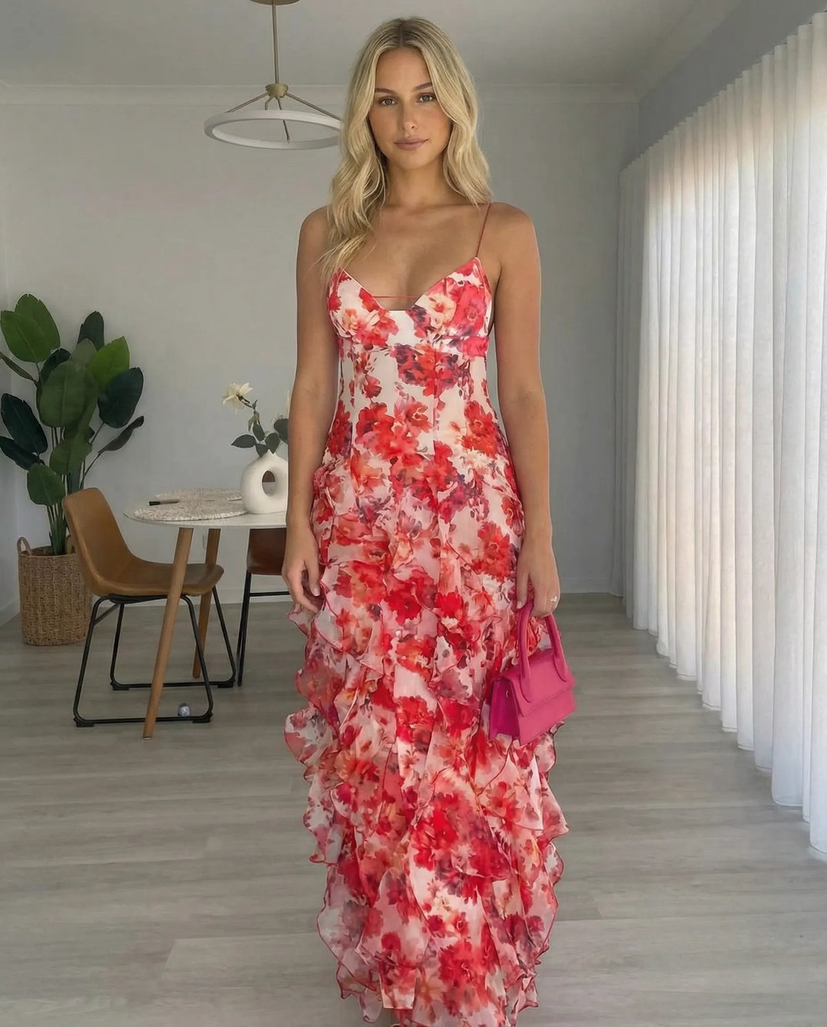 Floral Print Ruffle High Slit Mini Dress - Red Flowering Girl