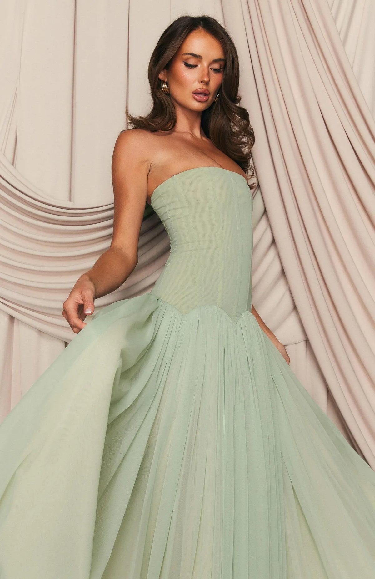 Sabrina Tulle Strapless Maxi Dress - Green Flowering Girl