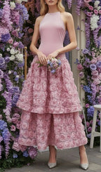 Jonila Pink Halter Flower Midi Dress Flowering Girl