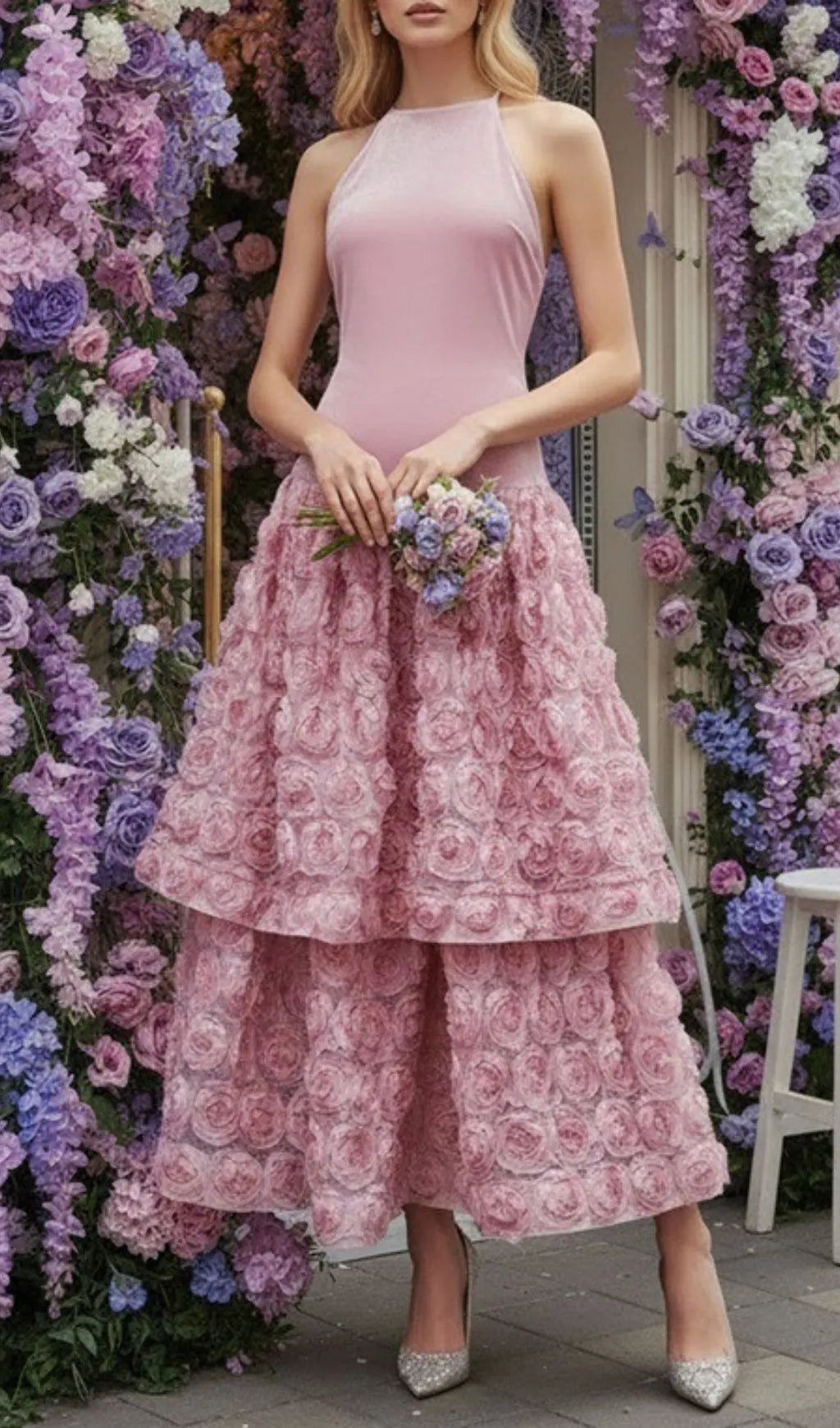 Jonila Pink Halter Flower Midi Dress Flowering Girl