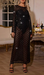 Casey Black Long Sleeve Sequin Mesh Maxi Dress Flowering Girl