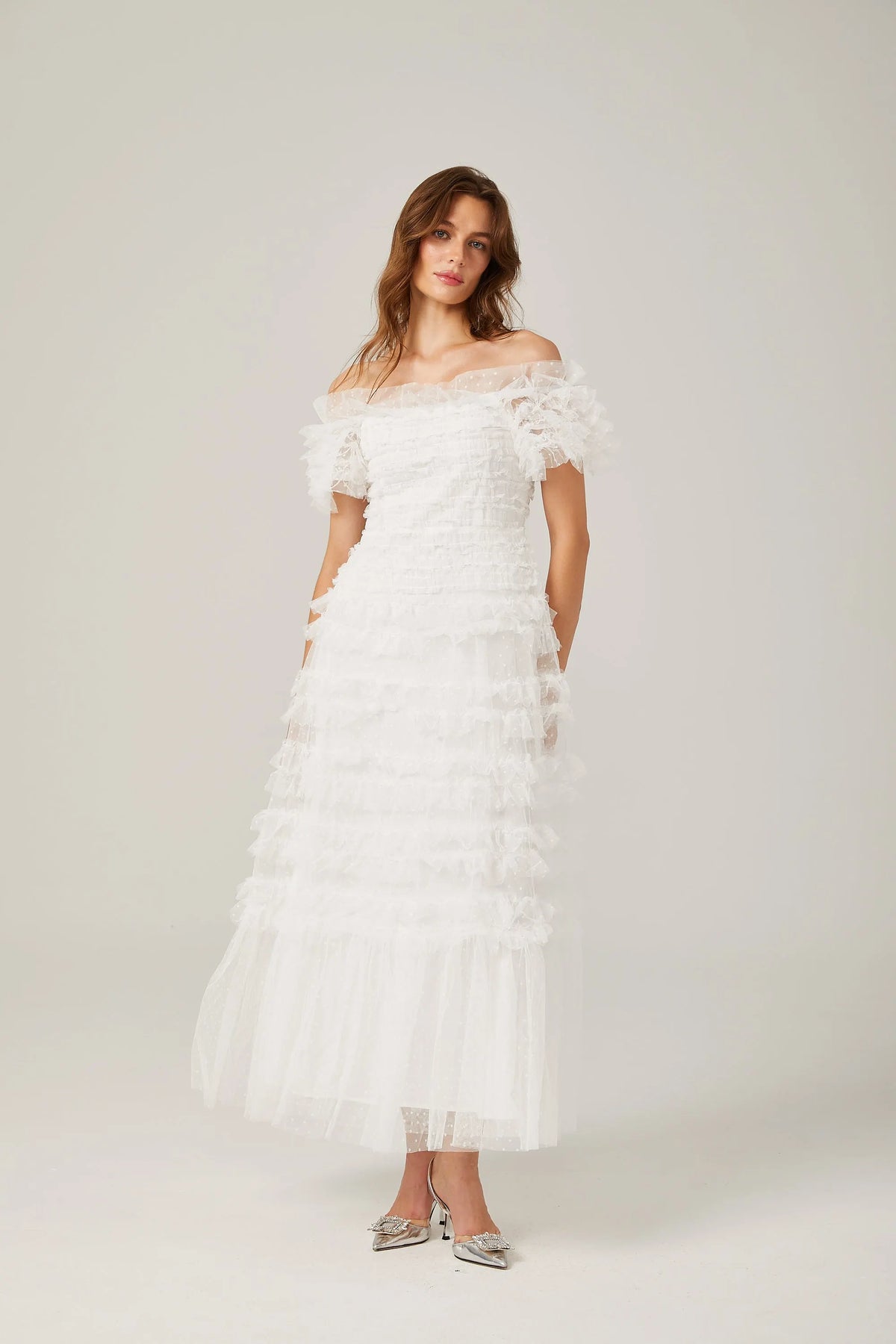 Joyce Ruffled Tulle Tiered Strapless Midi Dress In White Flowering Girl