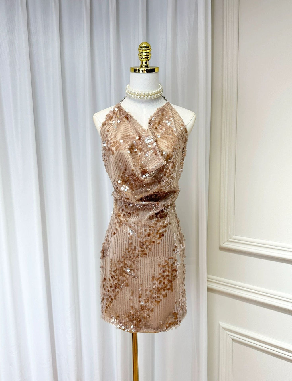 setlla Halter Sleeveless Sequin Mini Dress in kahki brown Flowering Girl
