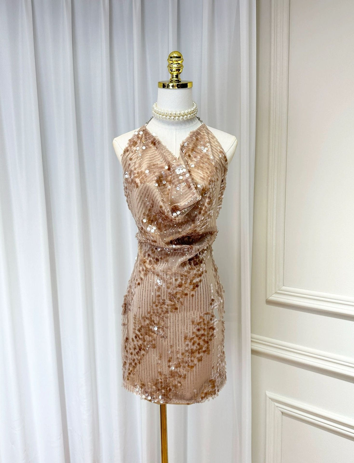 setlla Halter Sleeveless Sequin Mini Dress in kahki brown Flowering Girl