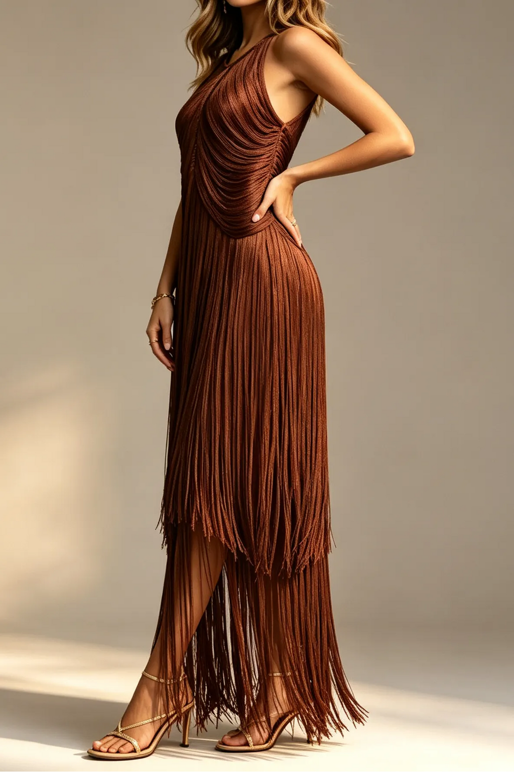 Chocolate Brown Halter Neck Draped Bodice Multi-Tier Long Fringe Bodycon Midi Party Dress Flowering Girl