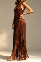 Chocolate Brown Halter Neck Draped Bodice Multi-Tier Long Fringe Bodycon Midi Party Dress Flowering Girl