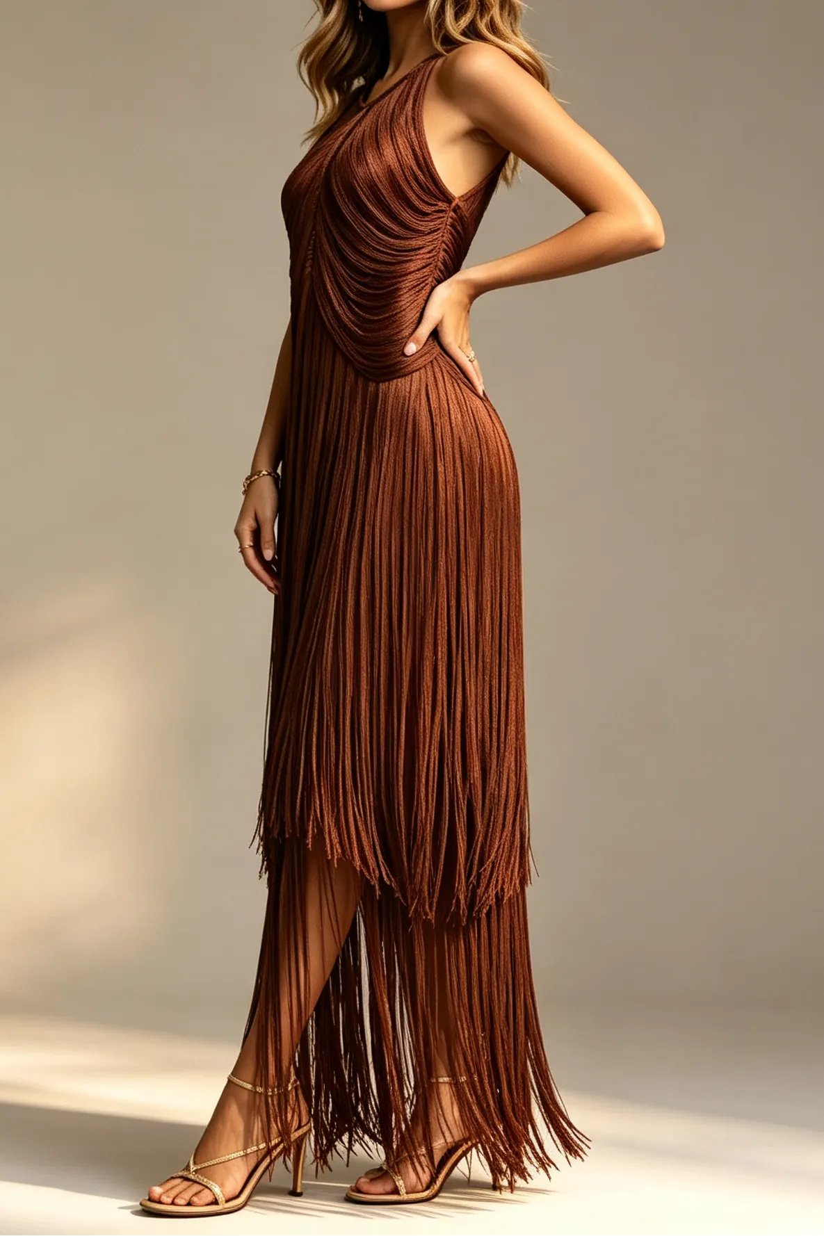 Chocolate Brown Halter Neck Draped Bodice Multi-Tier Long Fringe Bodycon Midi Party Dress Flowering Girl
