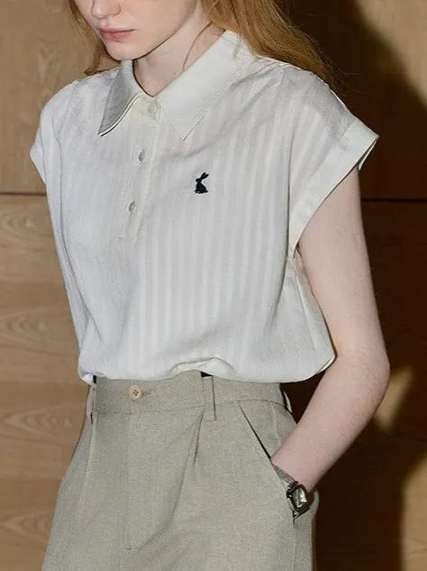 Cream-white Polo Collar Embroidered Sleeveless Shirt Flowering Girl