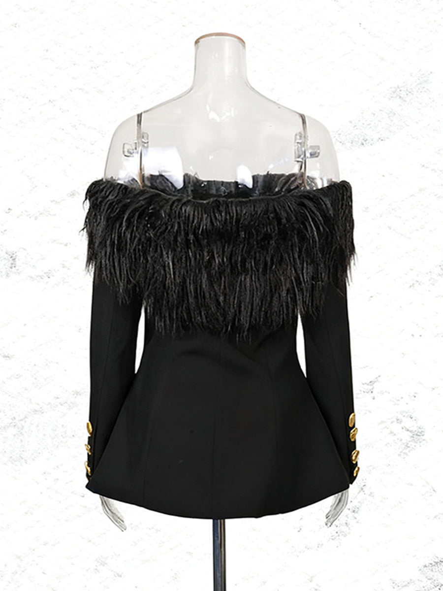 Black Off-Shoulder Feather Metal Buckle Decoration Blazer Mini Dress Flowering Girl