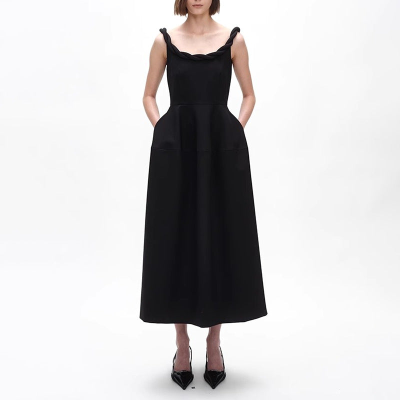 monica Braided shoulder straps midi dress in black Flowering Girl