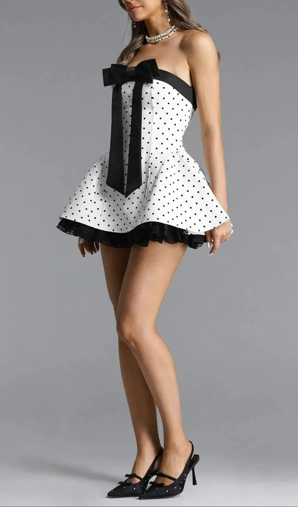 Octavia White Bow Polka Dot Woven Strapless Mini Dress Flowering Girl
