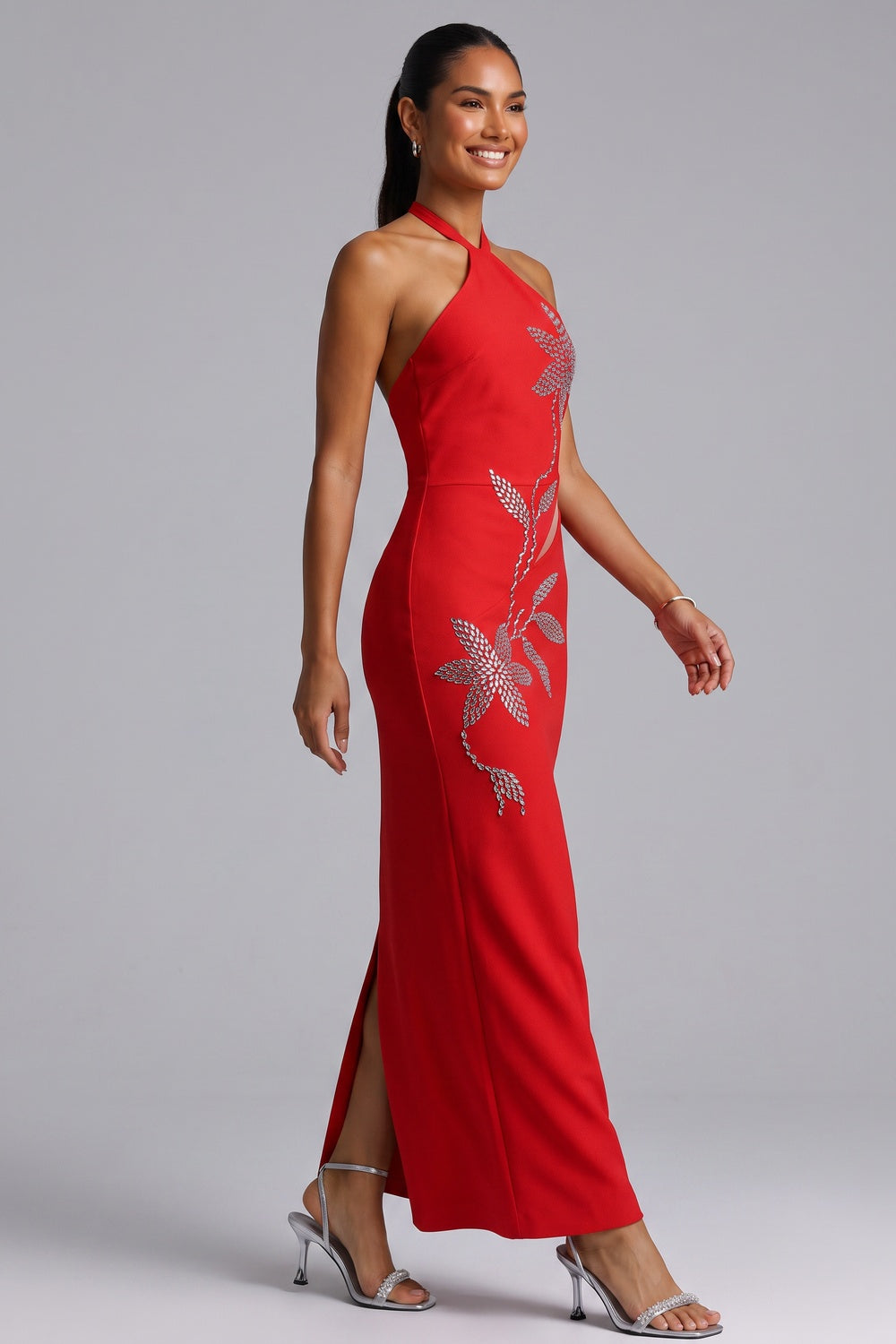 Red Halter Neck Evening Gown with Silver Floral Embellishments Flowering Girl