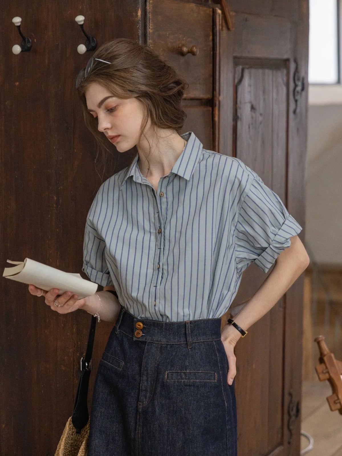 Cotton Dark Striped Color-Block Patchwork Shirt Flowering Girl