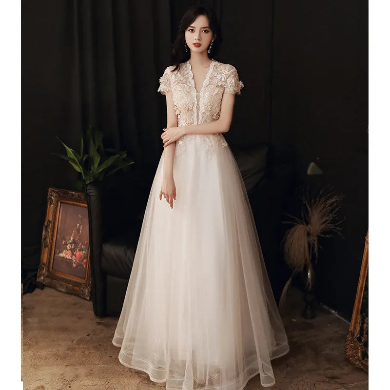 3D Floral Lace Short Sleeve Tulle Floor-Length Evening Gown Flowering Girl