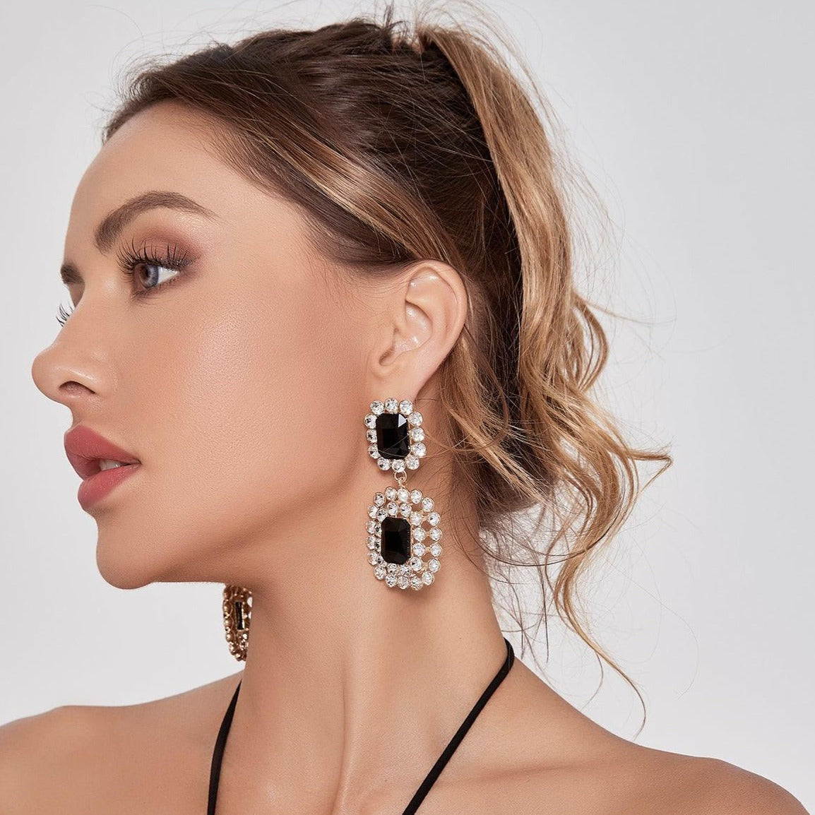Ayuka Black Rhinestone Gem Drop Earrings Flowering Girl