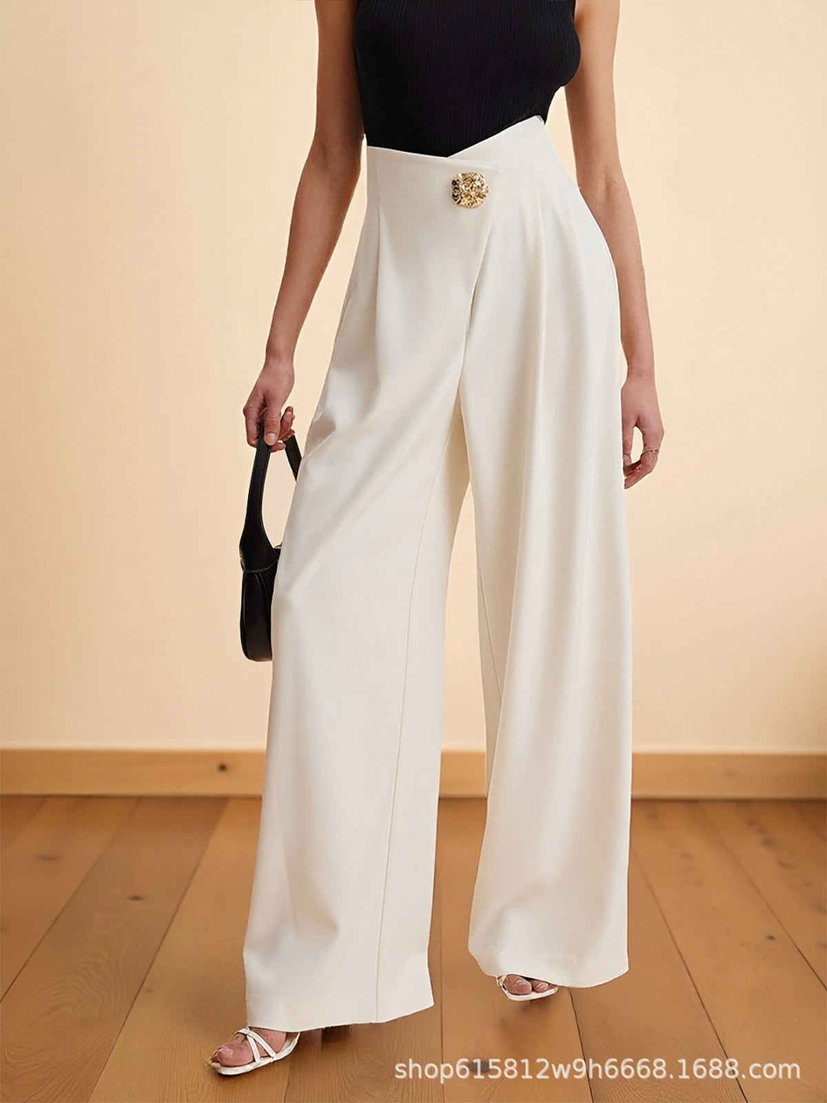 High Waist Wrap Front Gold Ornate Button Wide Leg Trousers Flowering Girl