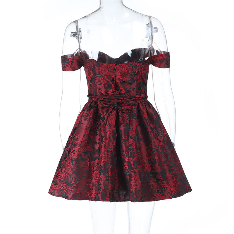 Jacquard Slim Waist Strapless Puffy Mini Dress In Wine Red Flowering Girl