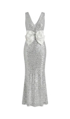 Sequin Maxi Dress With Satin Bow Detail - Light Grey Flowering Girl