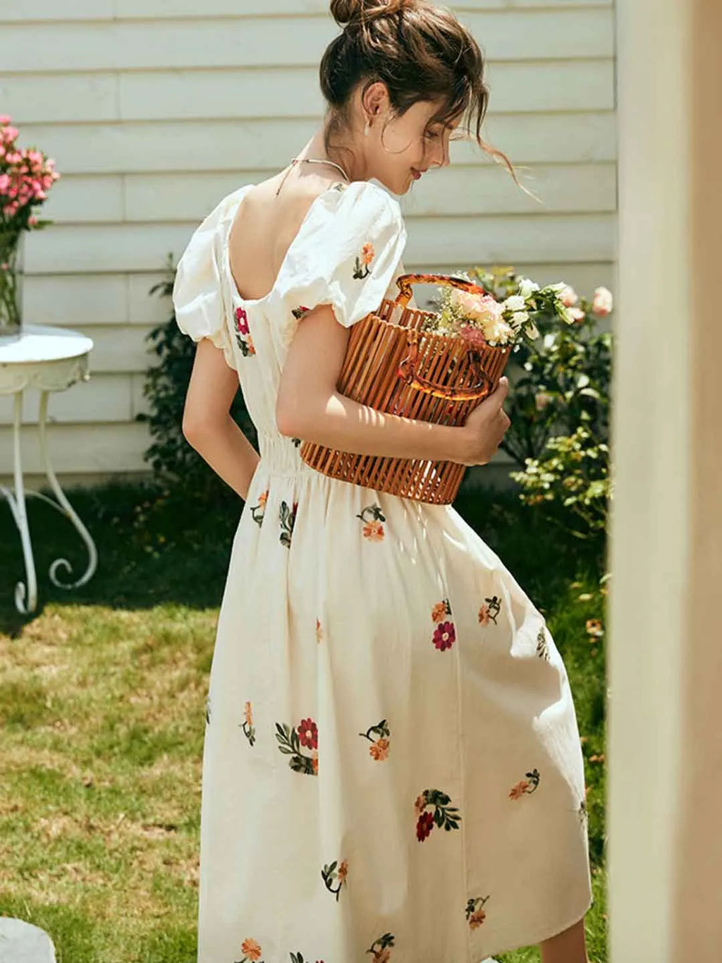 Rosalind Retro Embroidered Puff Sleeve Dress Flowering Girl