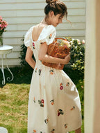 Rosalind Retro Embroidered Puff Sleeve Dress Flowering Girl