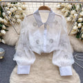 Beaded Sequined 3D Floral Sheer Mesh Shirt Flowering Girl