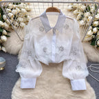 Beaded Sequined 3D Floral Sheer Mesh Shirt Flowering Girl