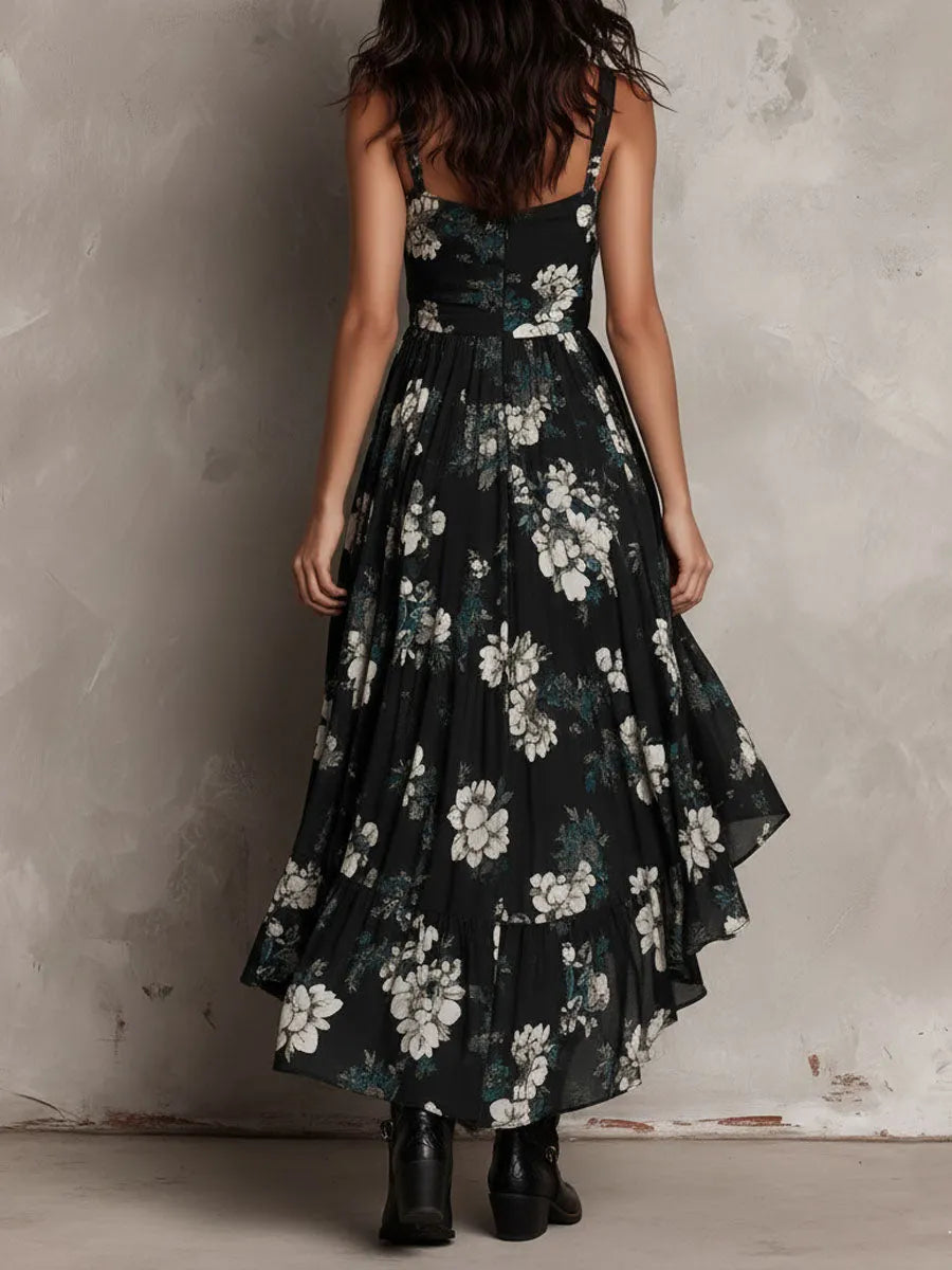 Black Bohemian Floral Print Irregular Strapless Maxi Dress Flowering Girl