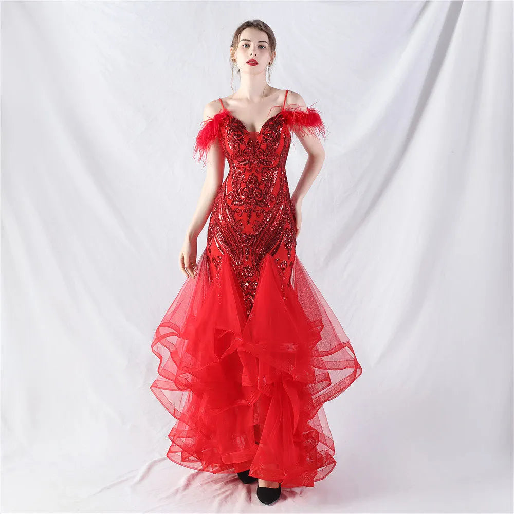 Feather Sequin Strapless Tulle Maxi Dress Flowering Girl