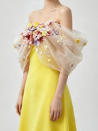 Bright Yellow Satin Strapless Maxi Gown With 3D Colorful Floral Tulle Bust Flowering Girl