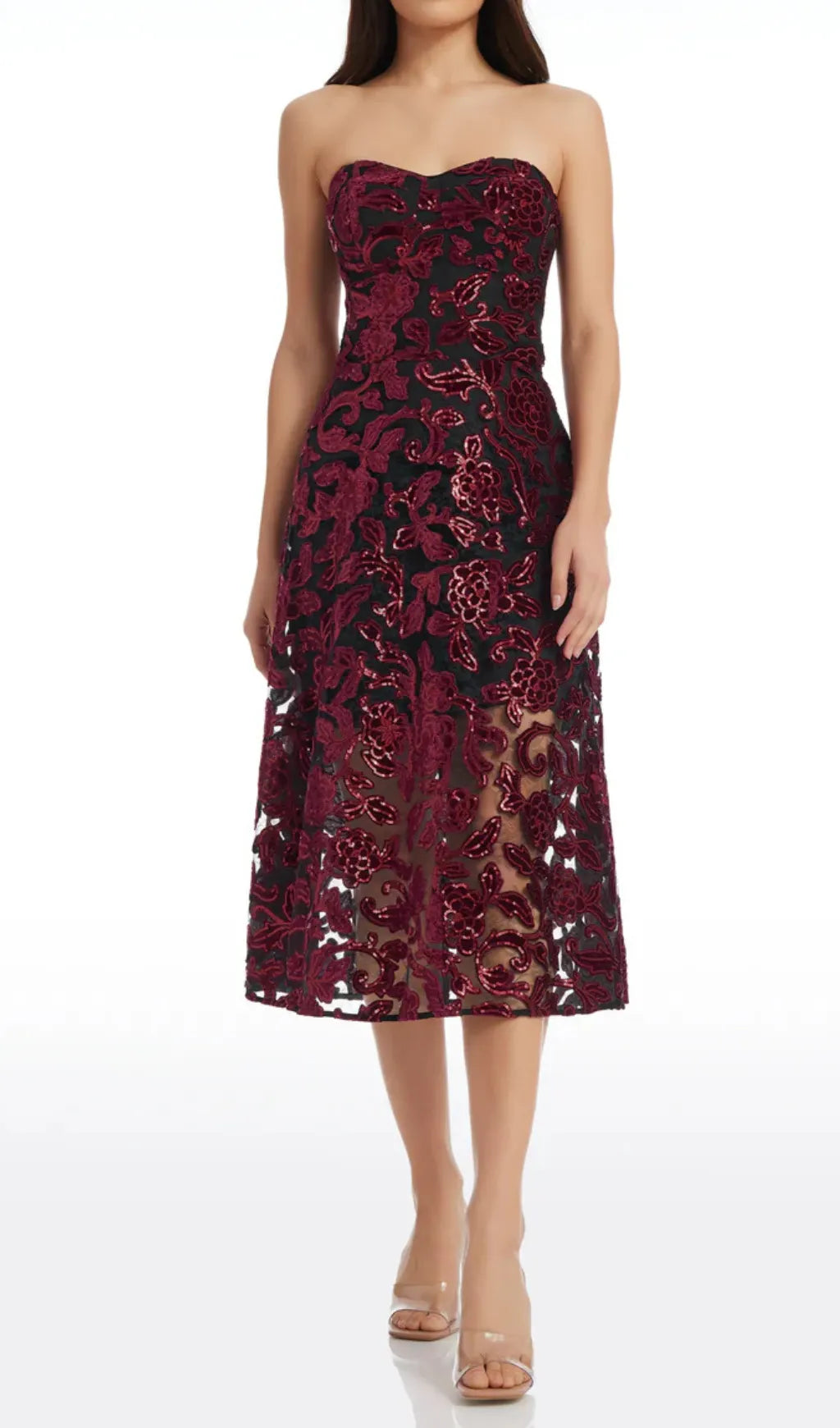 Floral Print Strapless Bustier Midi Dress In Burgundy Flowering Girl