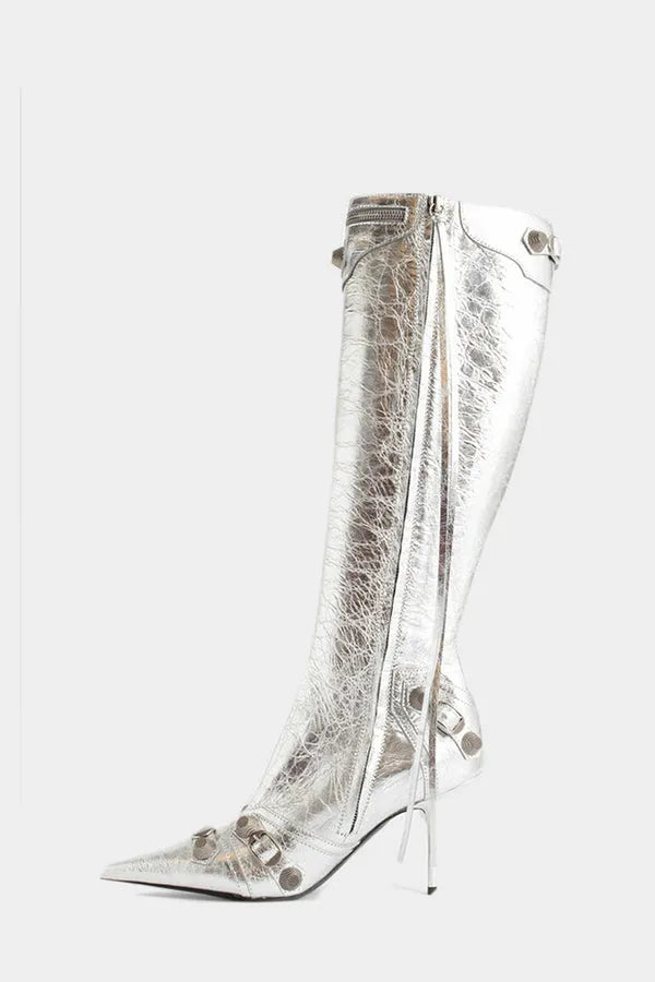 Shilia Zip Knee-high Boots - Silver Flowering Girl