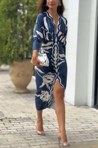 Unique Print Dolman Long Sleeve Ruched Slit Midi Dress Flowering Girl