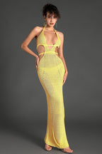 Biridi Halter Sheer Knit Dress In Yellow Flowering Girl