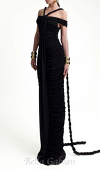 cara black off-shoulder ruched bodycon maxi dress with rope embellished Flowering Girl