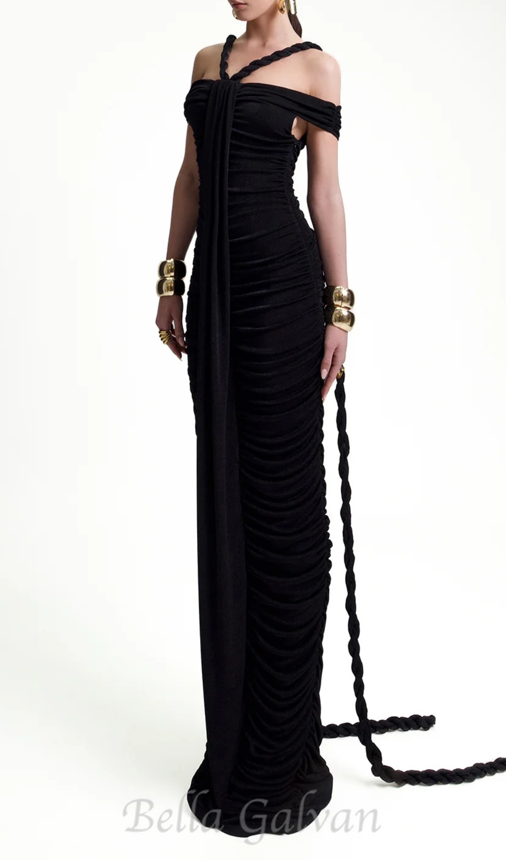 cara black off-shoulder ruched bodycon maxi dress with rope embellished Flowering Girl
