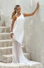 Lace-Up Beveled Back Satin Maxi Dress In Ivory Flowering Girl