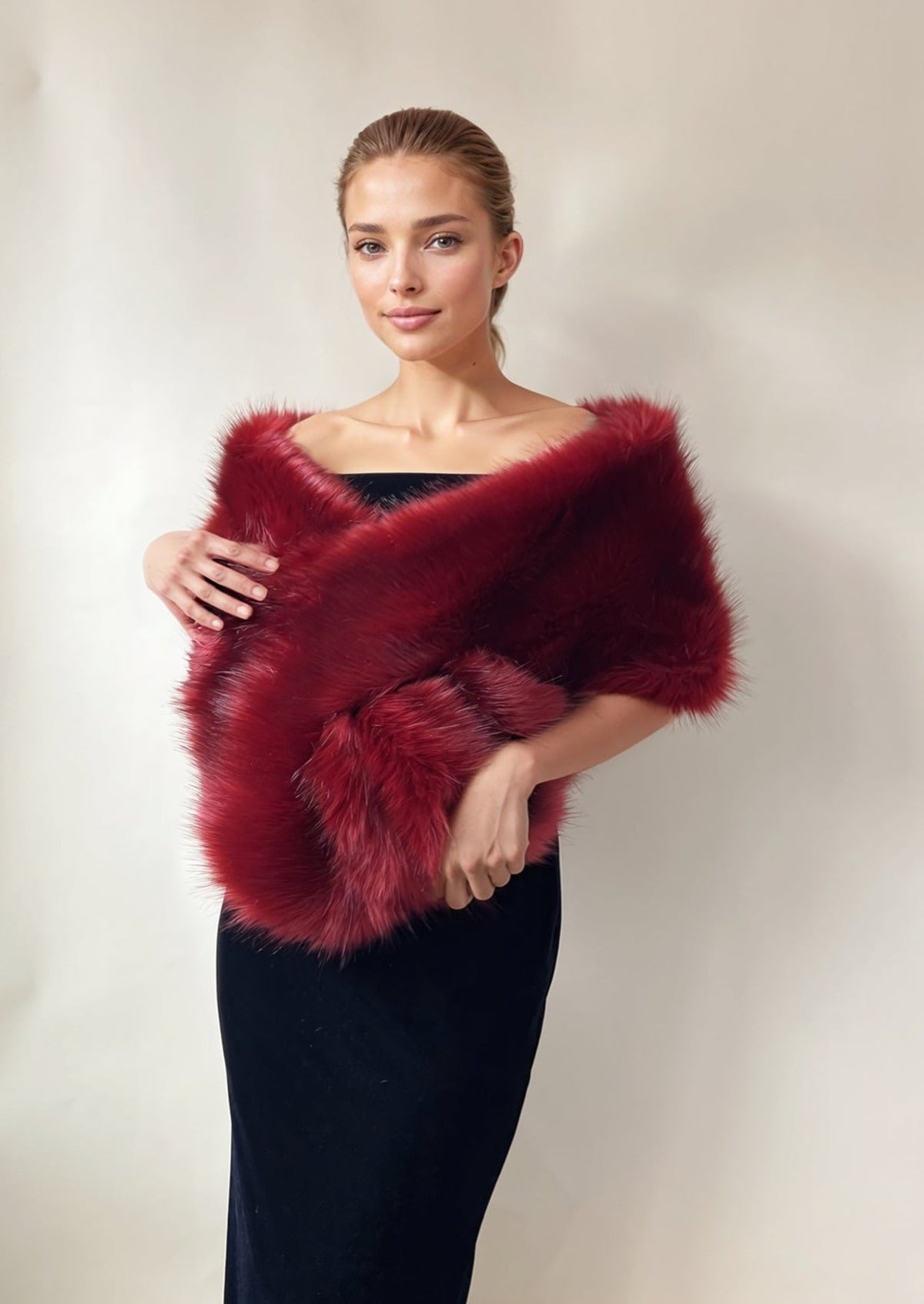 Hulda Fur Shawl In Wine Red Flowering Girl