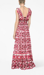 RED MAJOLICA PRINT FLARED MAXI DRESS Flowering Girl