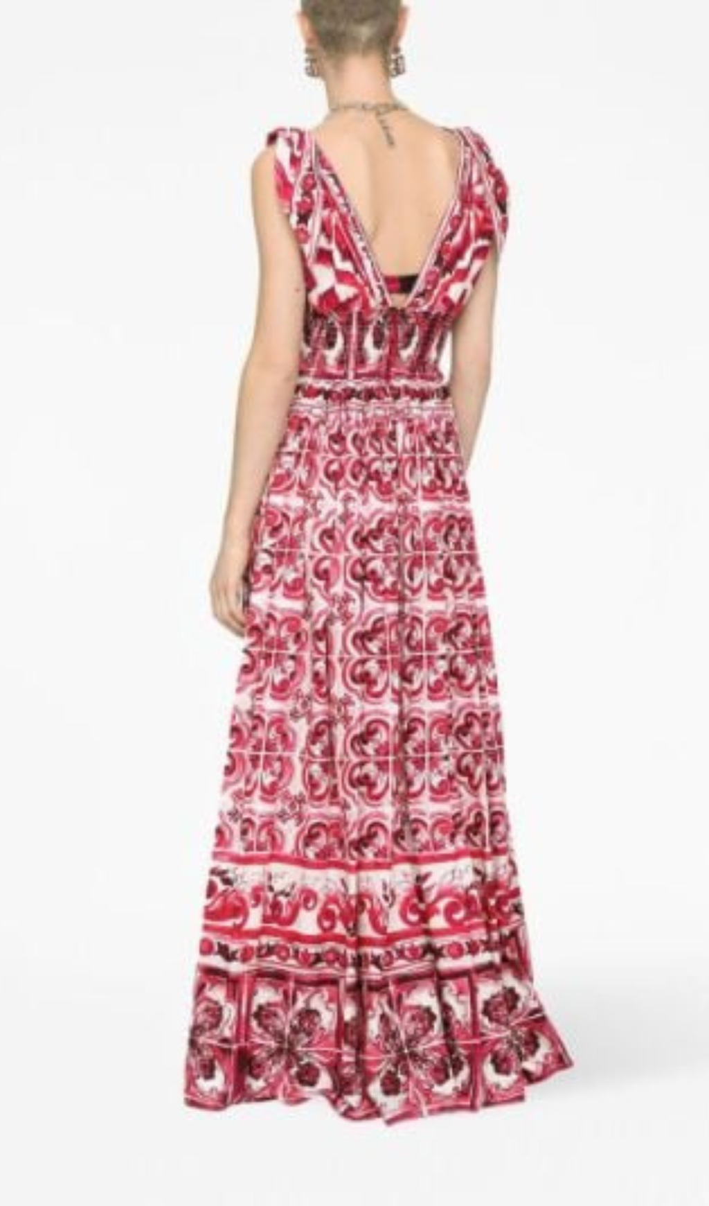 RED MAJOLICA PRINT FLARED MAXI DRESS Flowering Girl