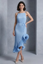 Light Blue Polyester Blend Fitted Sheath With Asymmetrical Flared Hem Dress Flowering Girl