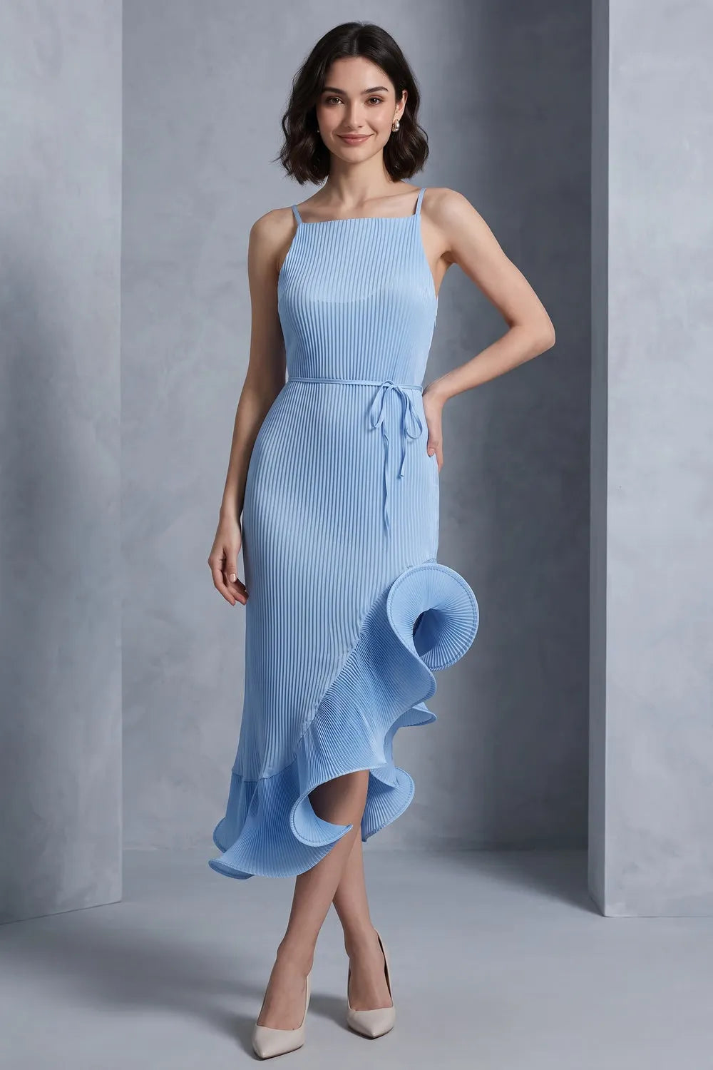 Light Blue Polyester Blend Fitted Sheath With Asymmetrical Flared Hem Dress Flowering Girl
