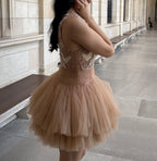 Ballerina | Beige Tulle Mini Dress With 3D Applique Flowering Girl