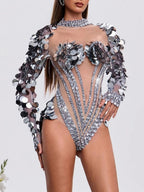 Havily Long Sleeve Sequin Mesh Bodysuit Flowering Girl