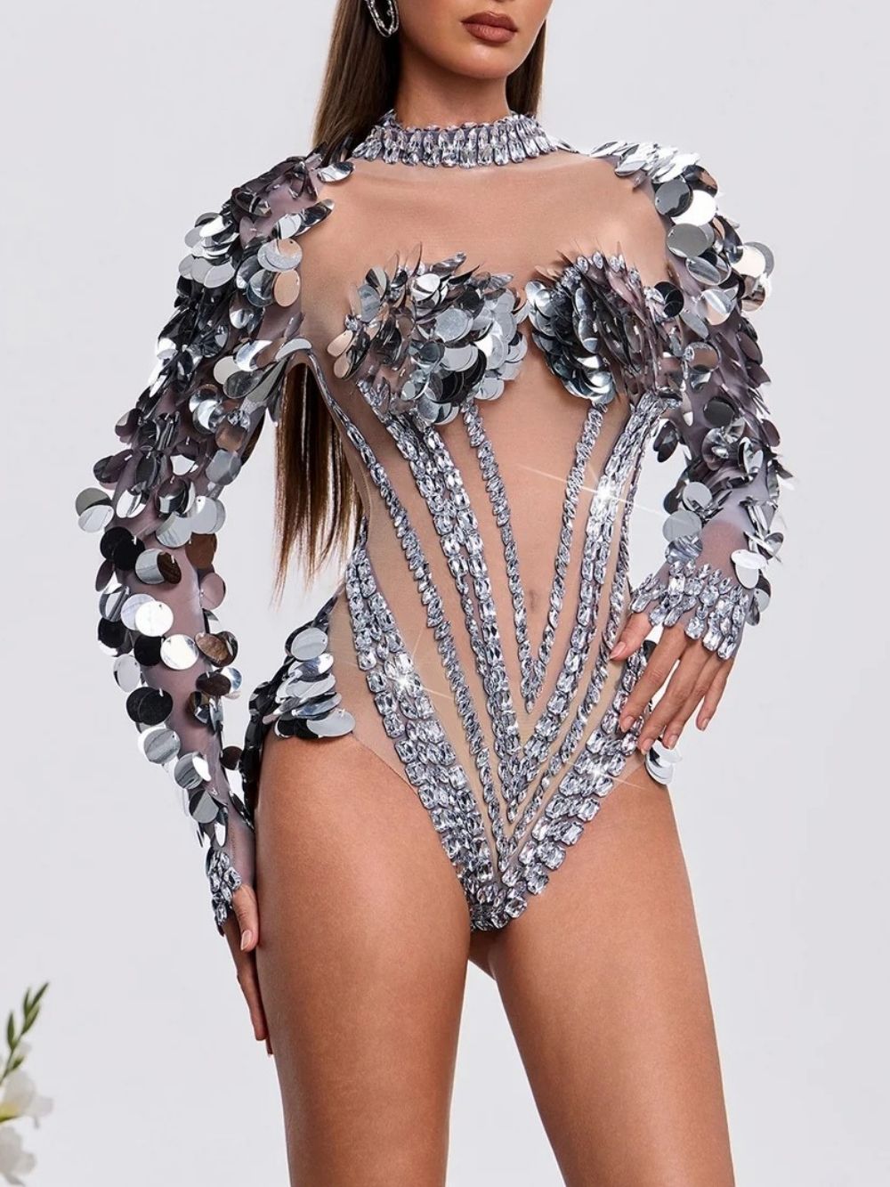 Havily Long Sleeve Sequin Mesh Bodysuit Flowering Girl