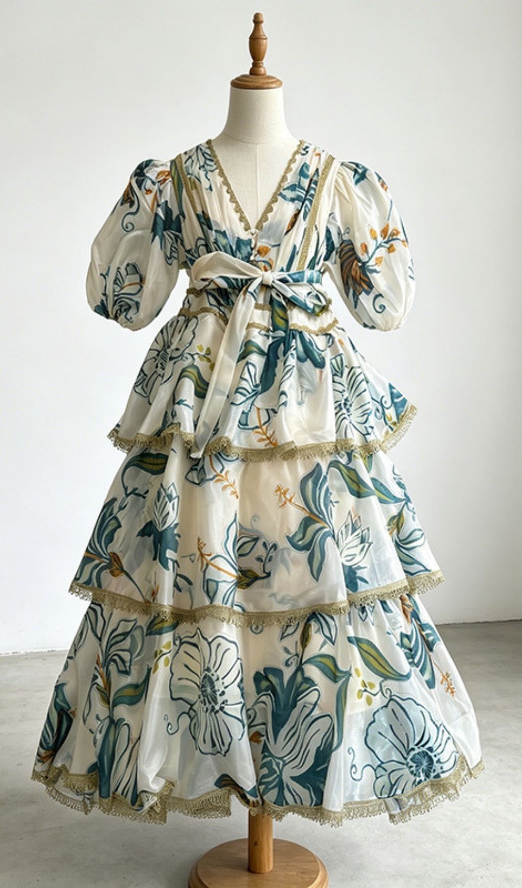 Kirsten Blue Printed Puff Sleeve Midi Dress Flowering Girl