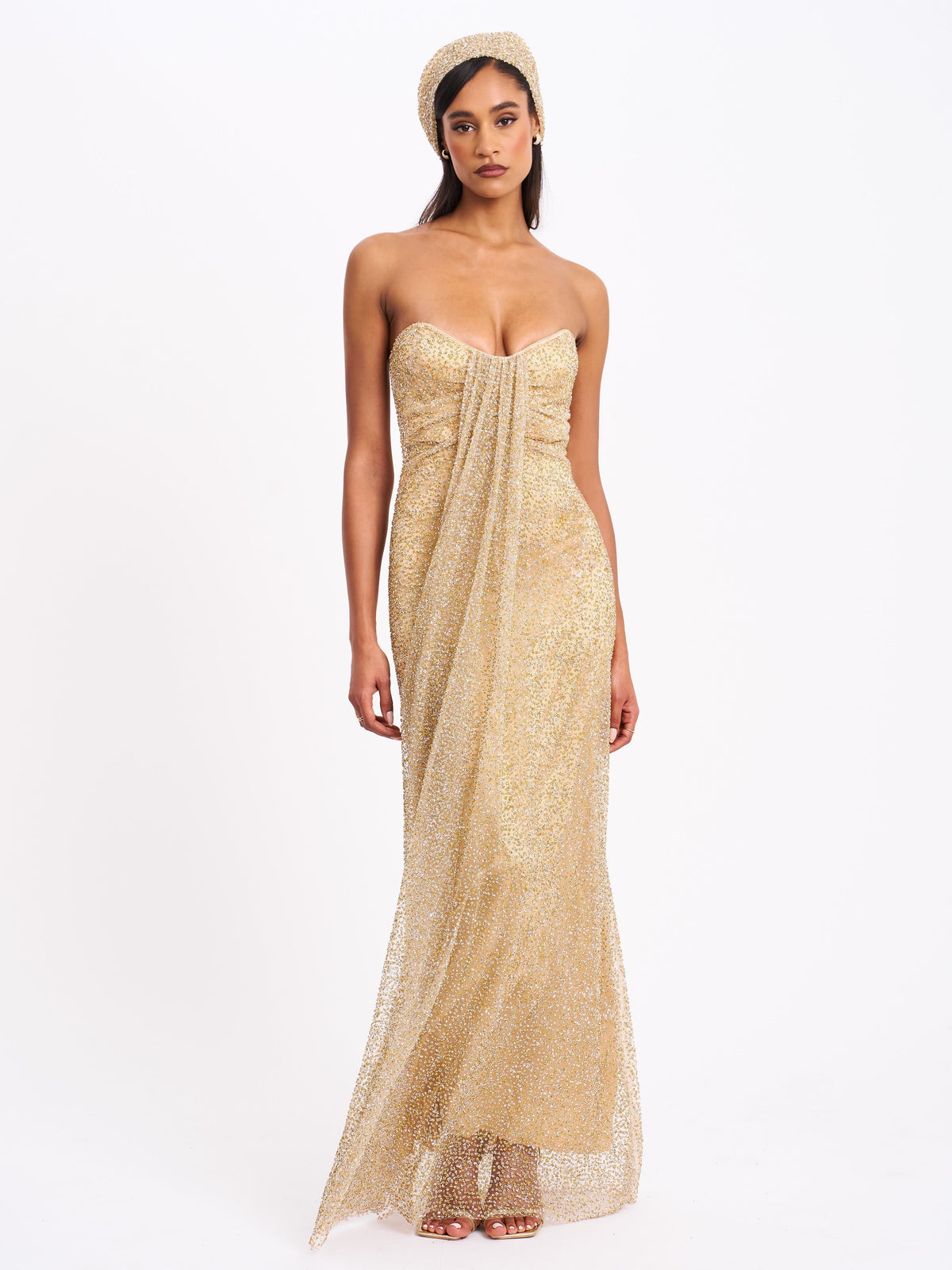 Ada Gold Rhinestone Embellished Strapless Gown With Head Scarf Flowering Girl