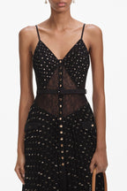 Lace Dot Belted Pleated Maxi Dress Flowering Girl