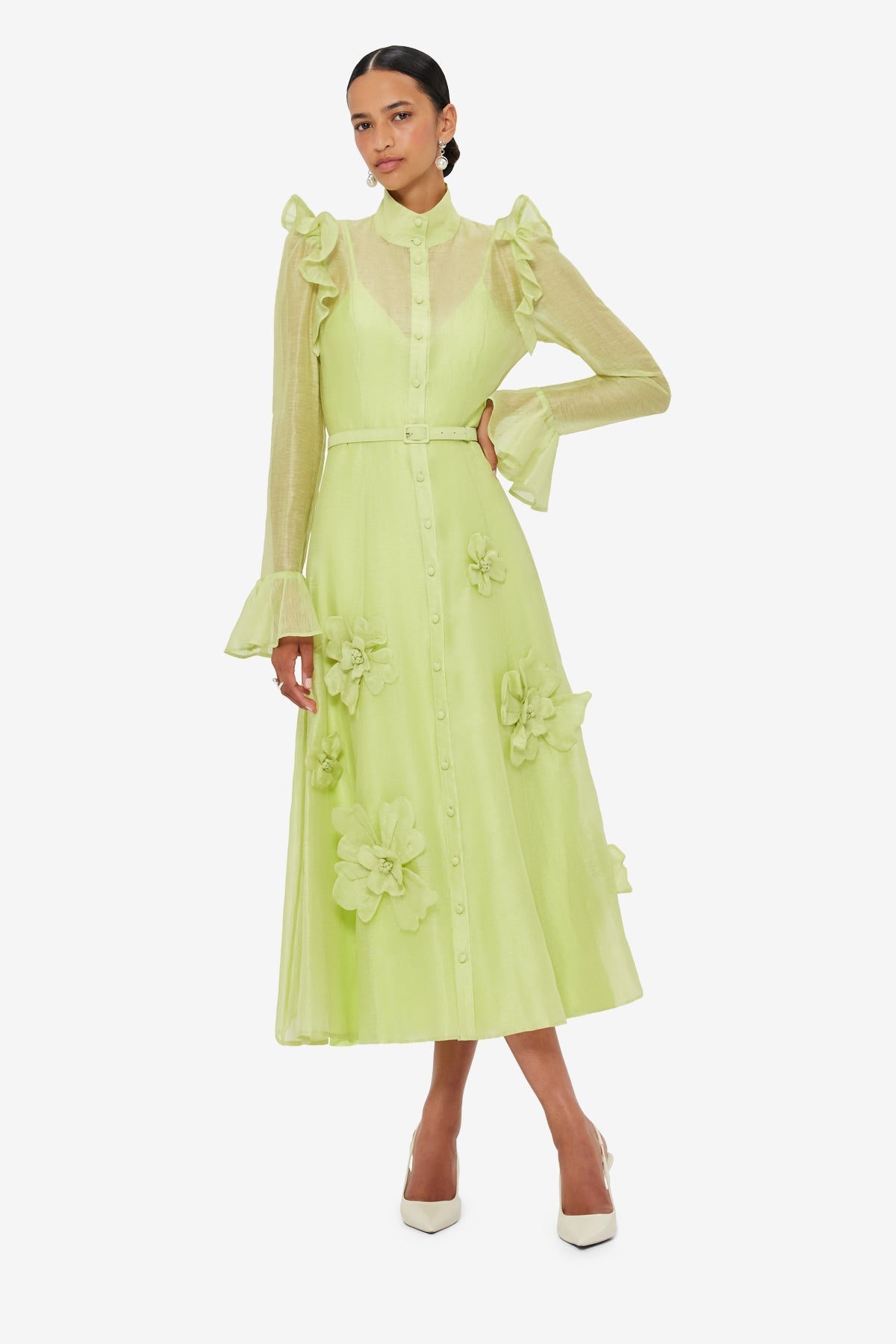 3d Flower Butterfly Sleeve Midi Dress - Chartreuse Flowering Girl