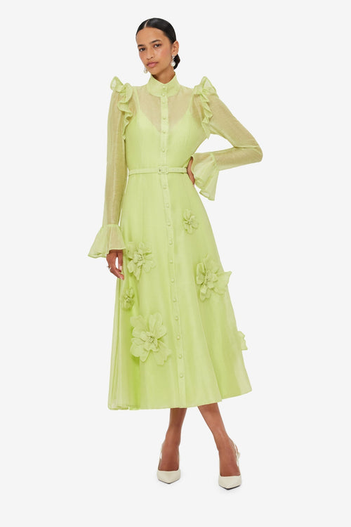 3d Flower Butterfly Sleeve Midi Dress - Chartreuse Flowering Girl